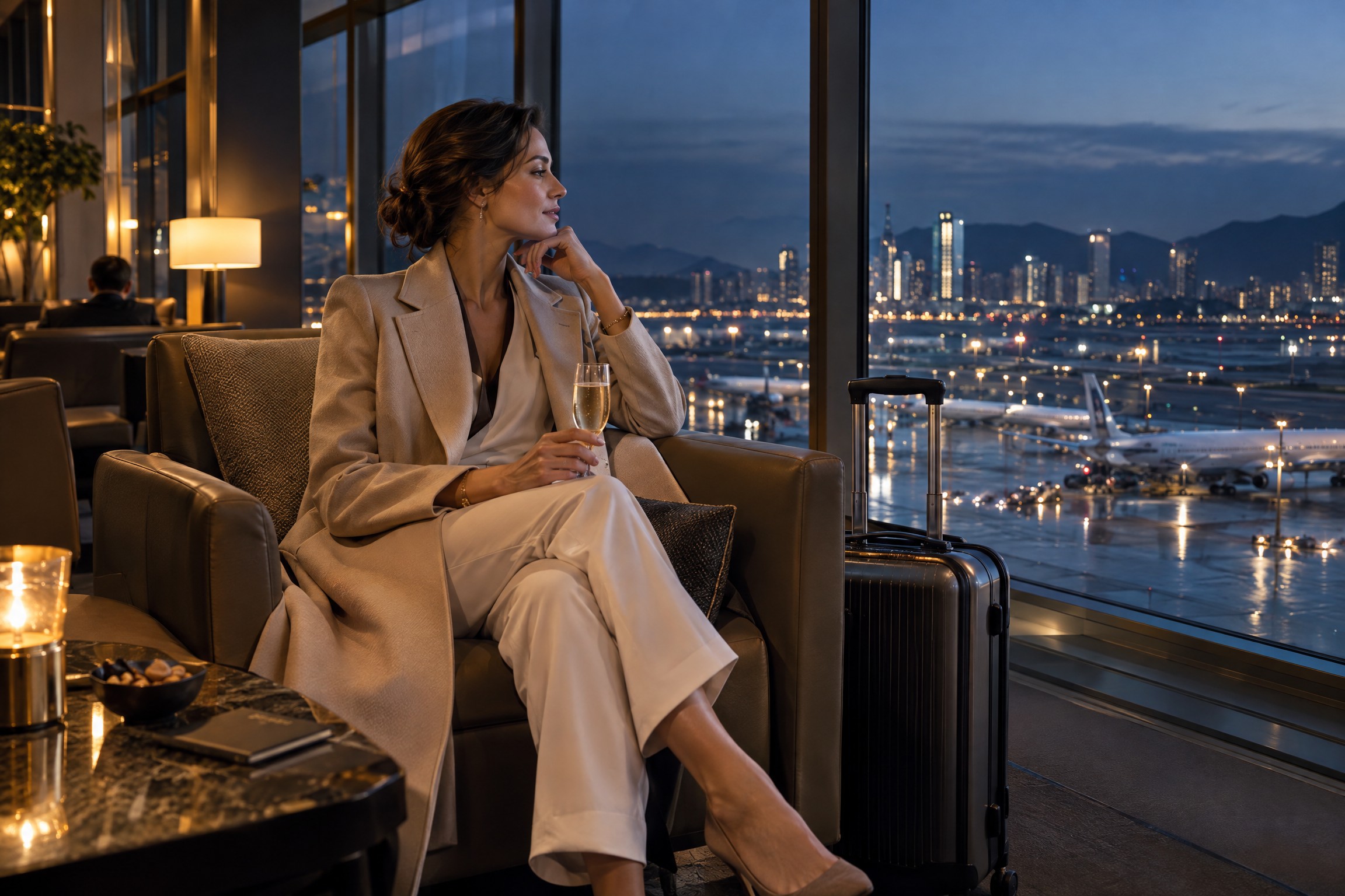 Global traveler in a premium airport lounge